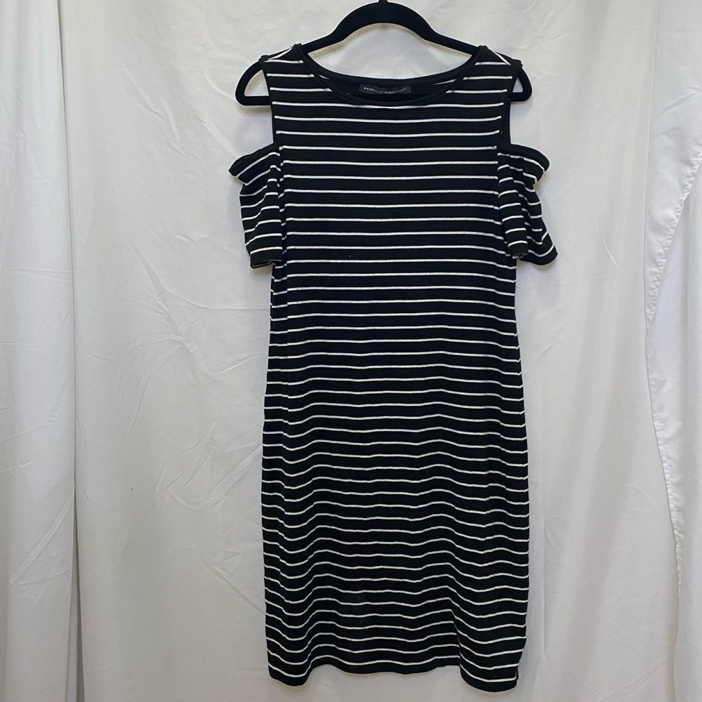 White House Black Market classy black & white striped cold shoulder dress size S